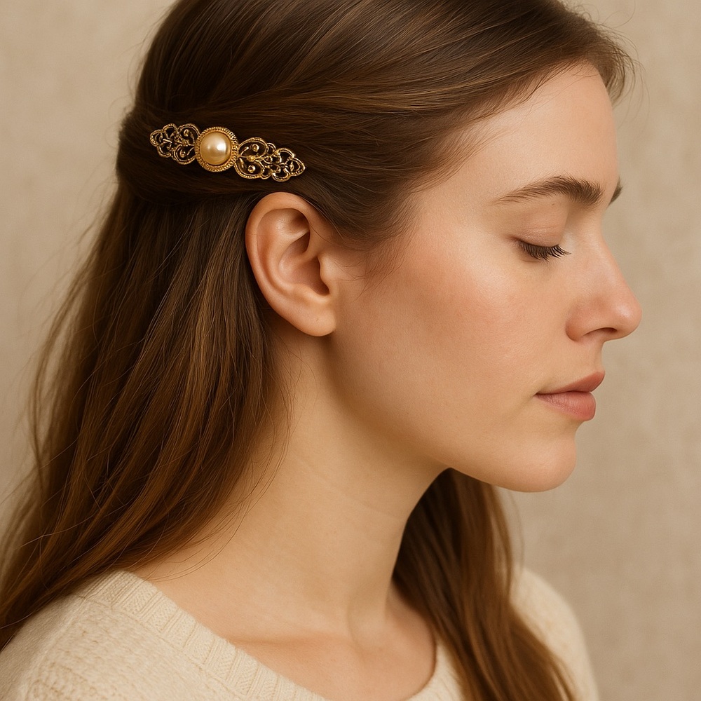 Vintage Made in France Gold Filigree Barrette with faux Pearl